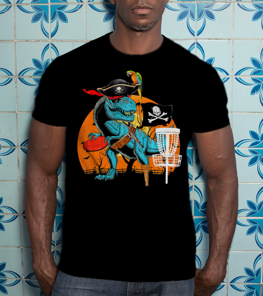 Jolly Roger Pirate Dinosaur Disc Golf Adventure T-Shirt