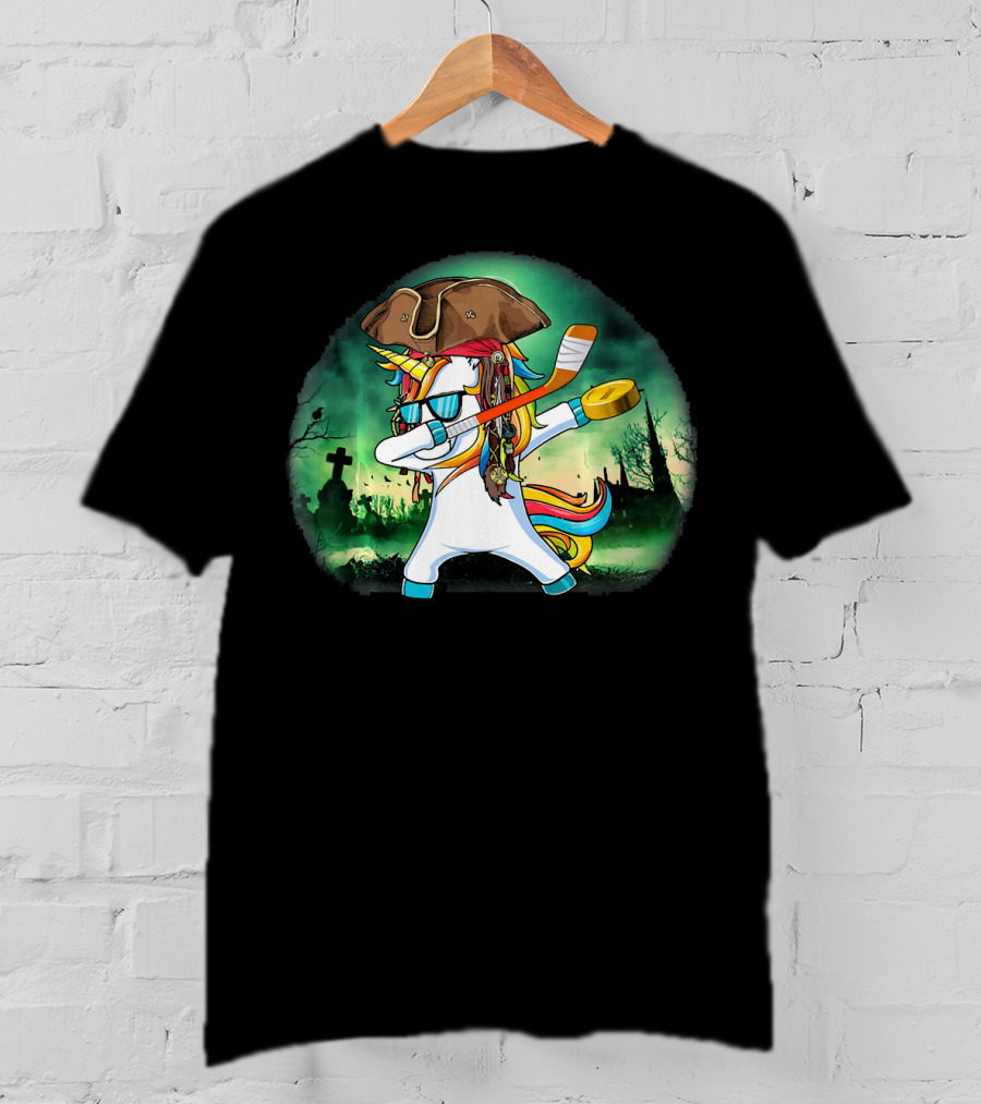 Dabbing Pirate Unicorn With Hockey Stick In Spooky Graveyard Scene T-Shirt