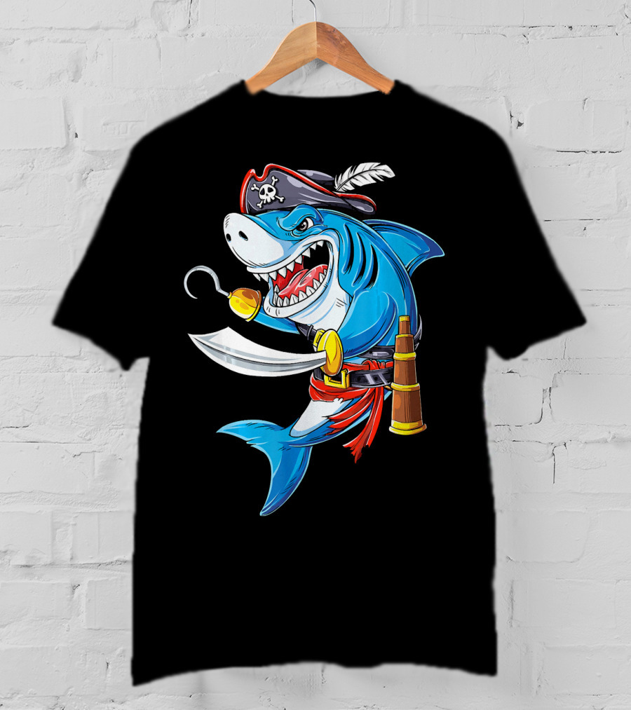 Shark Pirate Costume Jolly Roger Flag With Hook And Sword T-Shirt