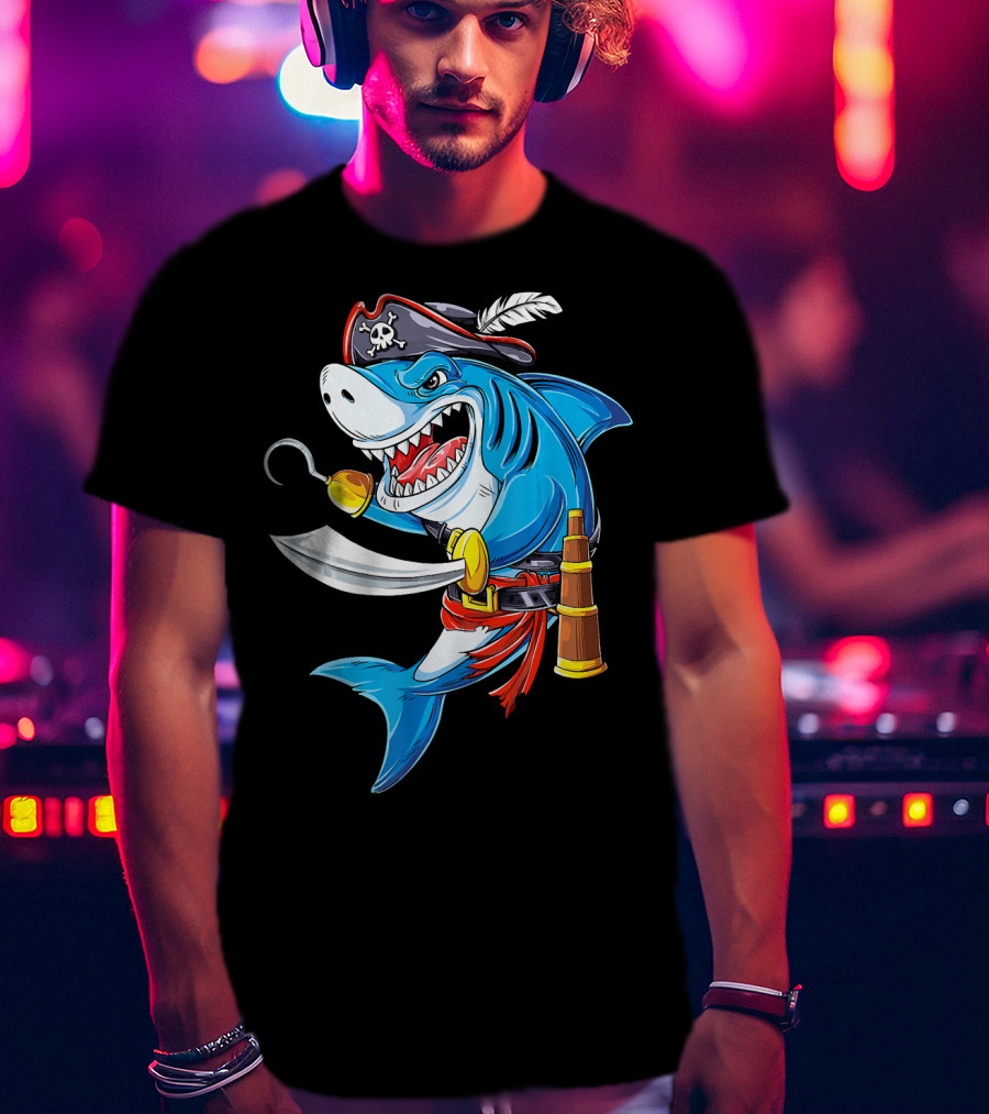 Shark Pirate Costume Jolly Roger Flag With Hook And Sword T-Shirt