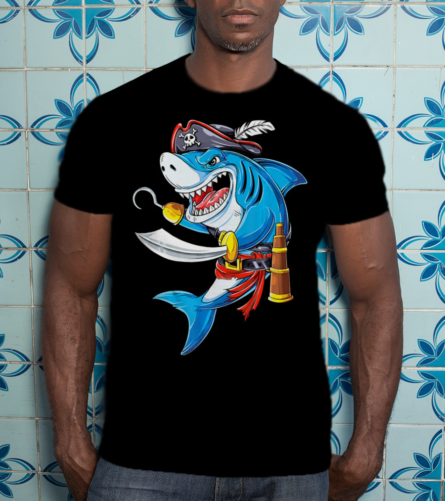 Shark Pirate Costume Jolly Roger Flag With Hook And Sword T-Shirt