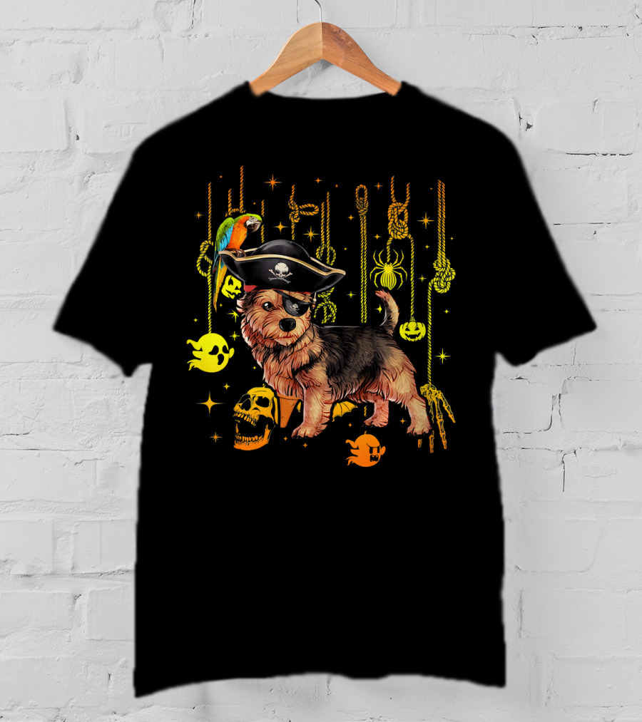 Norwich Terrier Pirate With Halloween Ghosts And Skull T-Shirt