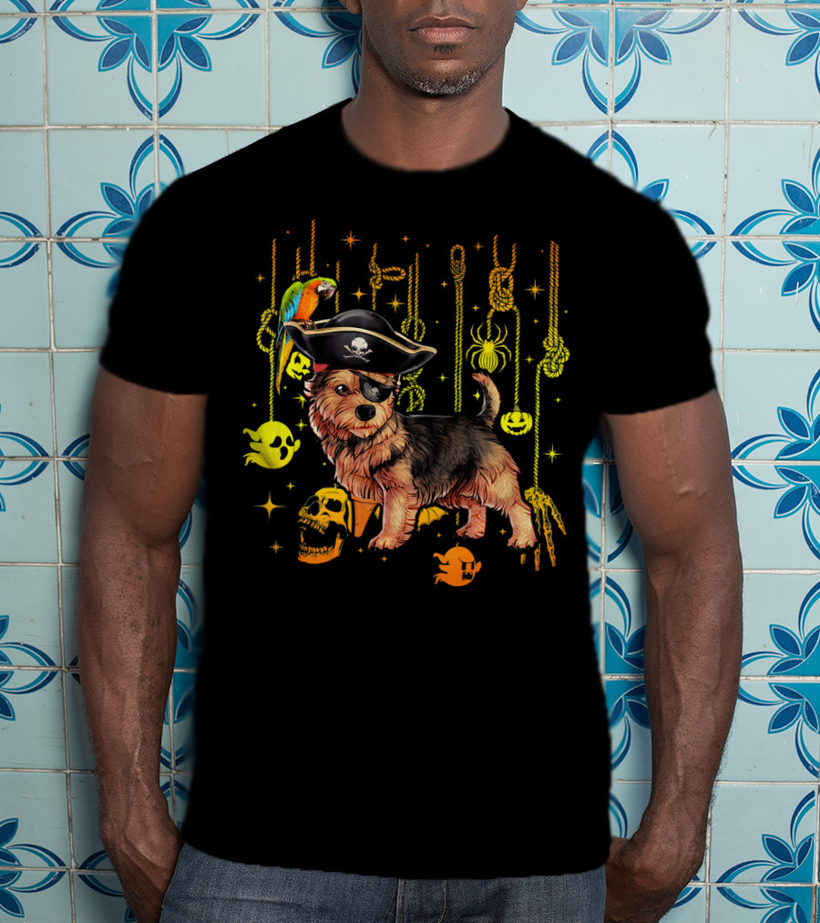 Norwich Terrier Pirate With Halloween Ghosts And Skull T-Shirt