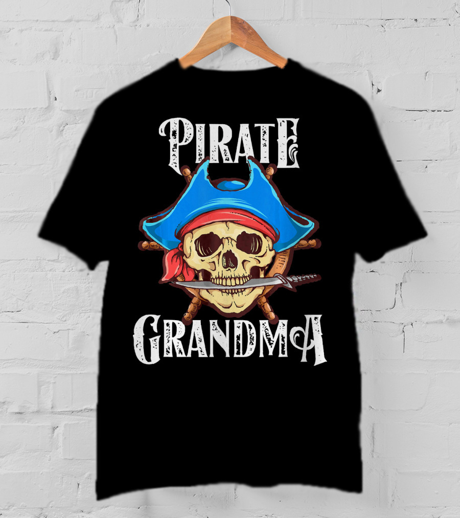 Pirate Grandma Skull With Blue Hat And Sword T-Shirt