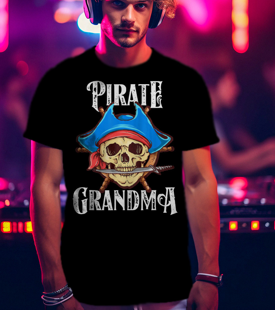 Pirate Grandma Skull With Blue Hat And Sword T-Shirt