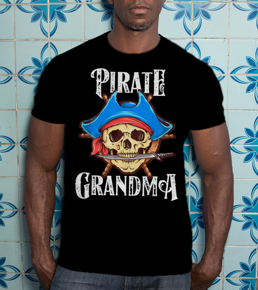 Pirate Grandma Skull With Blue Hat And Sword T-Shirt