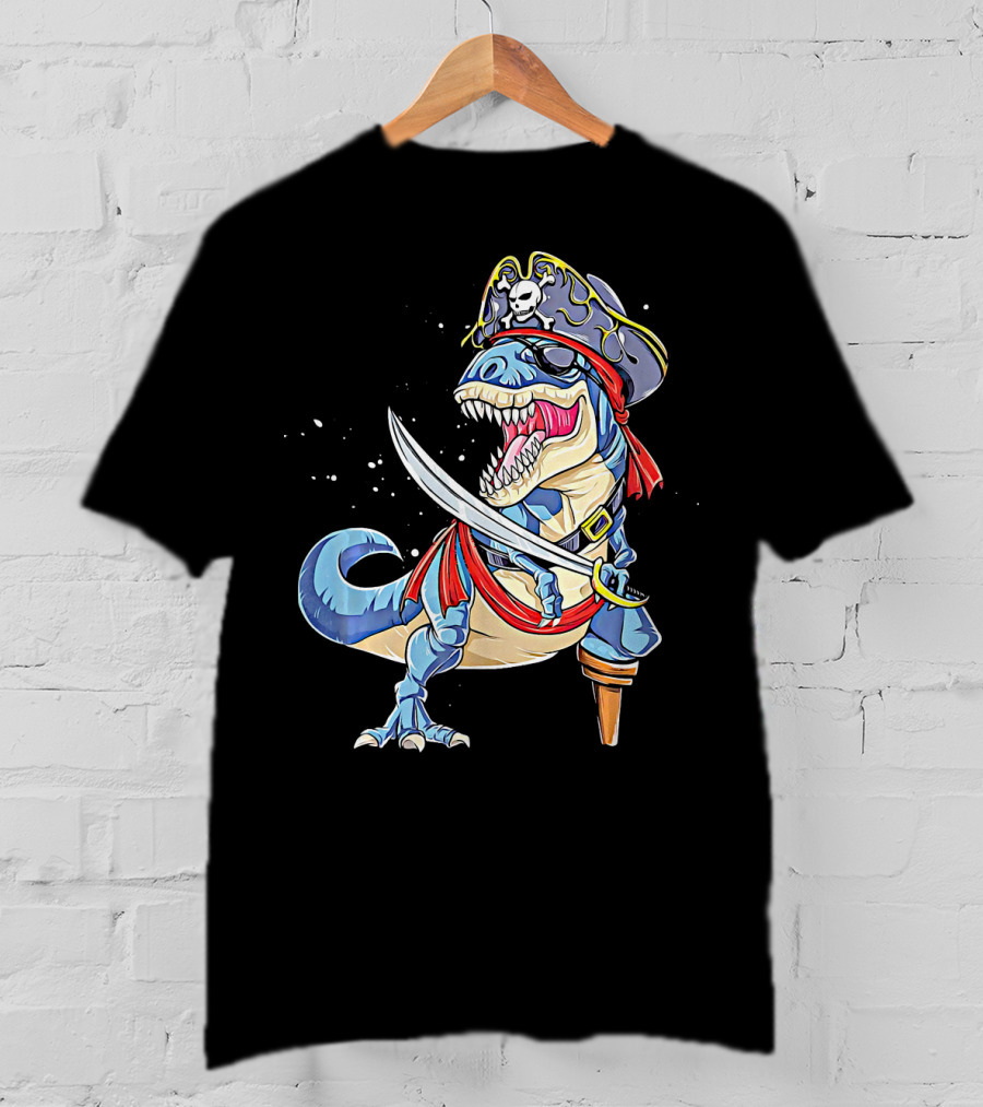 Pirate Dinosaur With Sword And Skull Hat T-Shirt