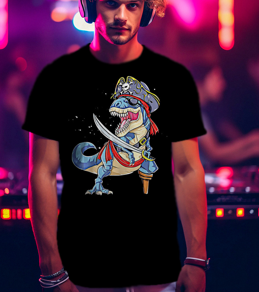 Pirate Dinosaur With Sword And Skull Hat T-Shirt