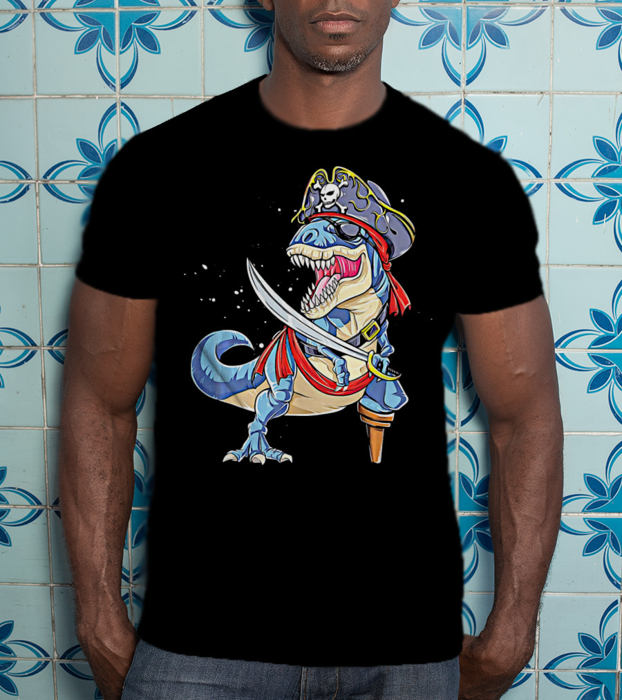 Pirate Dinosaur With Sword And Skull Hat T-Shirt