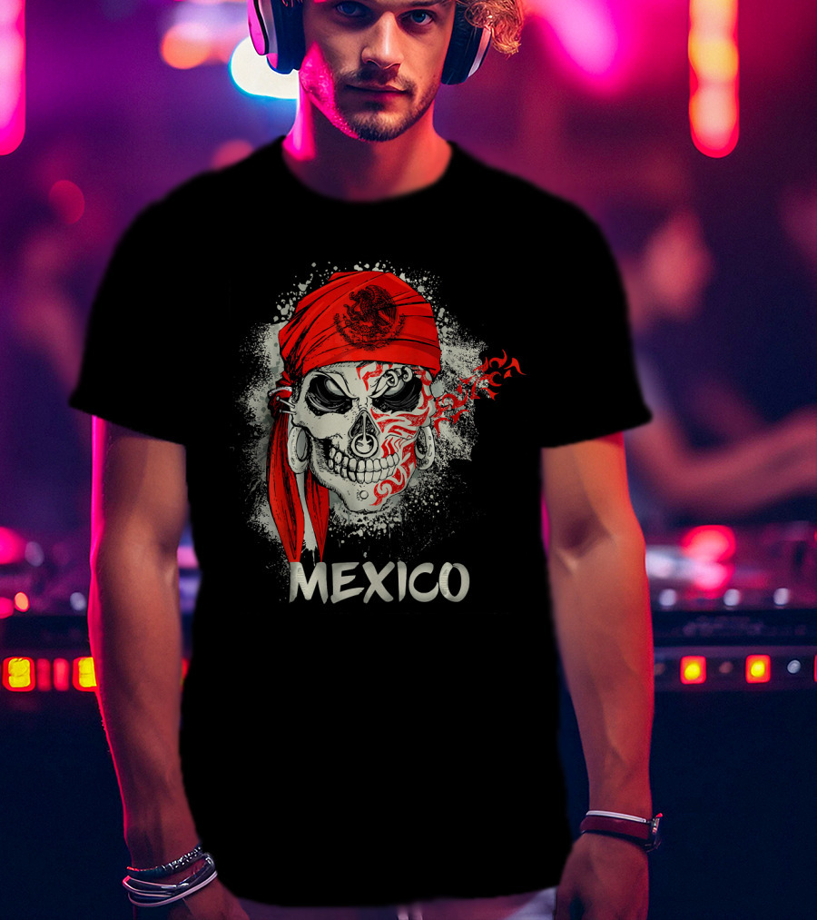Mexico Skull With Red Bandana And Serpent Emblem T-Shirt