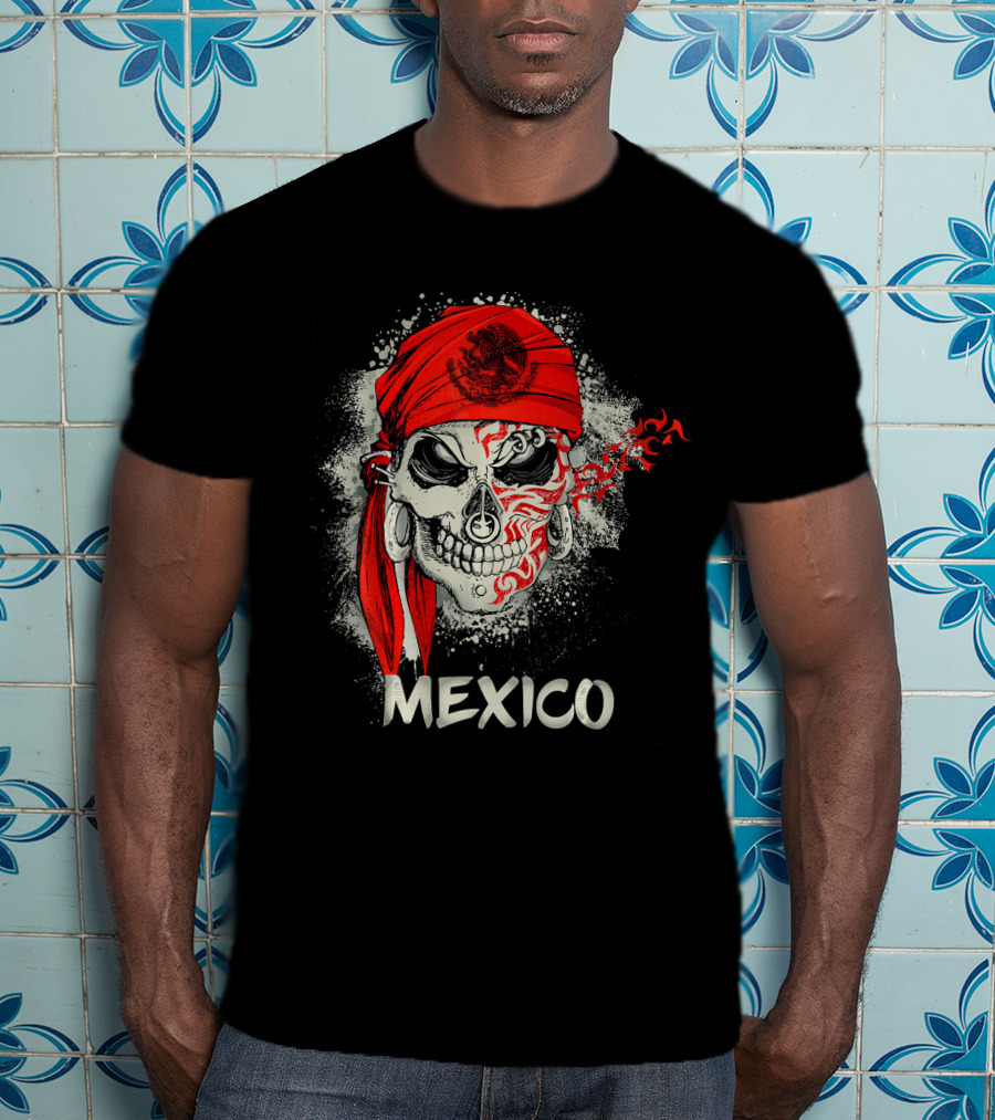 Mexico Skull With Red Bandana And Serpent Emblem T-Shirt