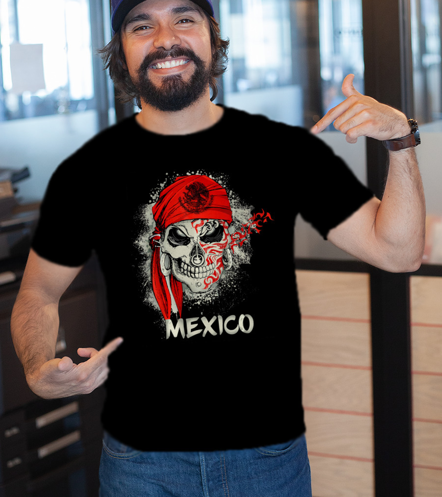 Mexico Skull With Red Bandana And Serpent Emblem T-Shirt