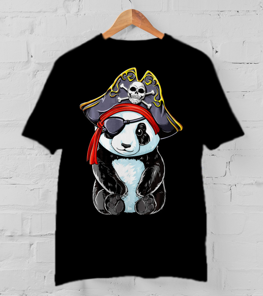Panda Pirate Jolly Roger Skull Crossbones Eyepatch Bandana Hat T-Shirt
