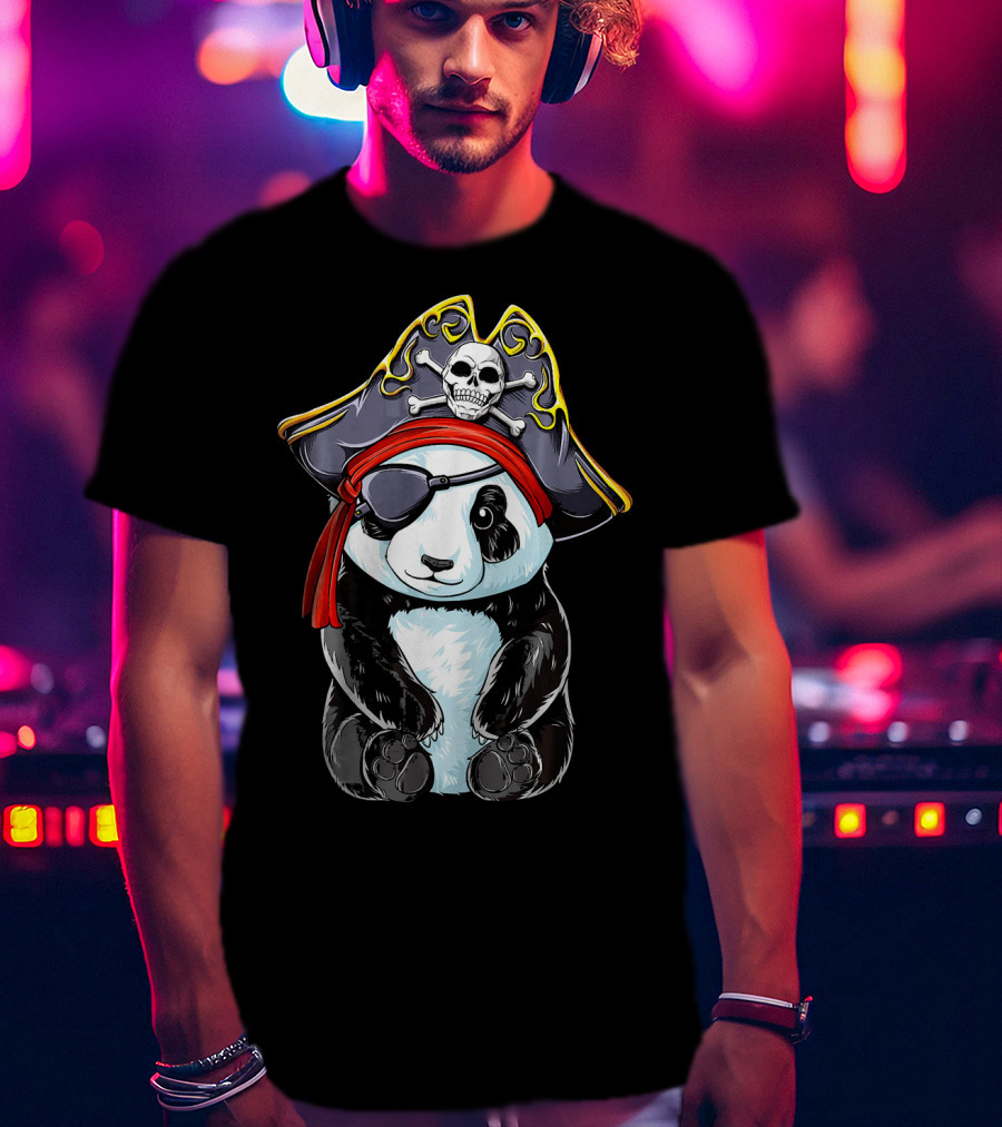 Panda Pirate Jolly Roger Skull Crossbones Eyepatch Bandana Hat T-Shirt