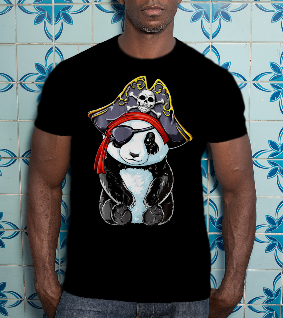 Panda Pirate Jolly Roger Skull Crossbones Eyepatch Bandana Hat T-Shirt