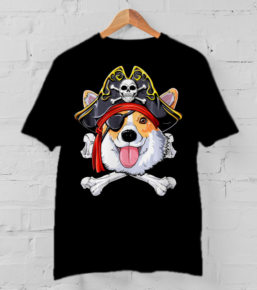 Corgi Pirate Skull And Crossbones Jolly Roger Flag T-Shirt