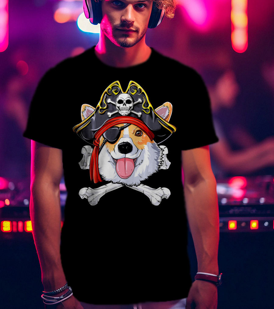 Corgi Pirate Skull And Crossbones Jolly Roger Flag T-Shirt