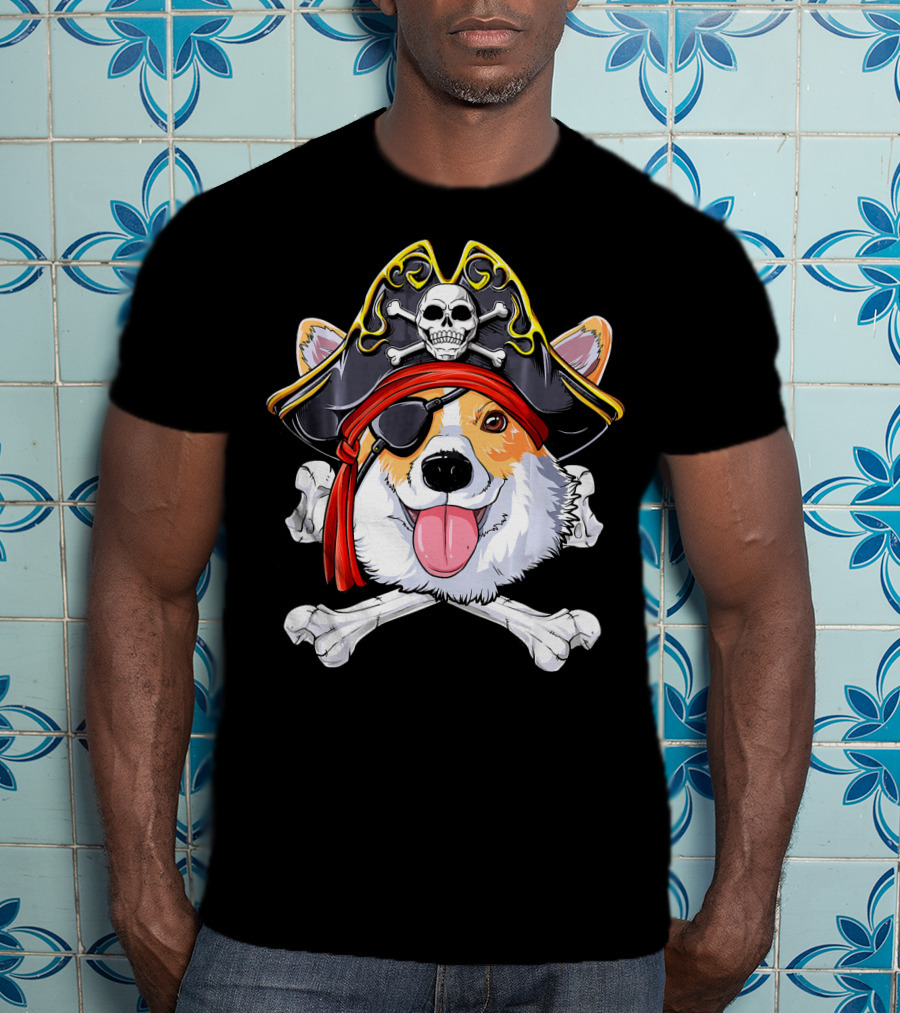 Corgi Pirate Skull And Crossbones Jolly Roger Flag T-Shirt