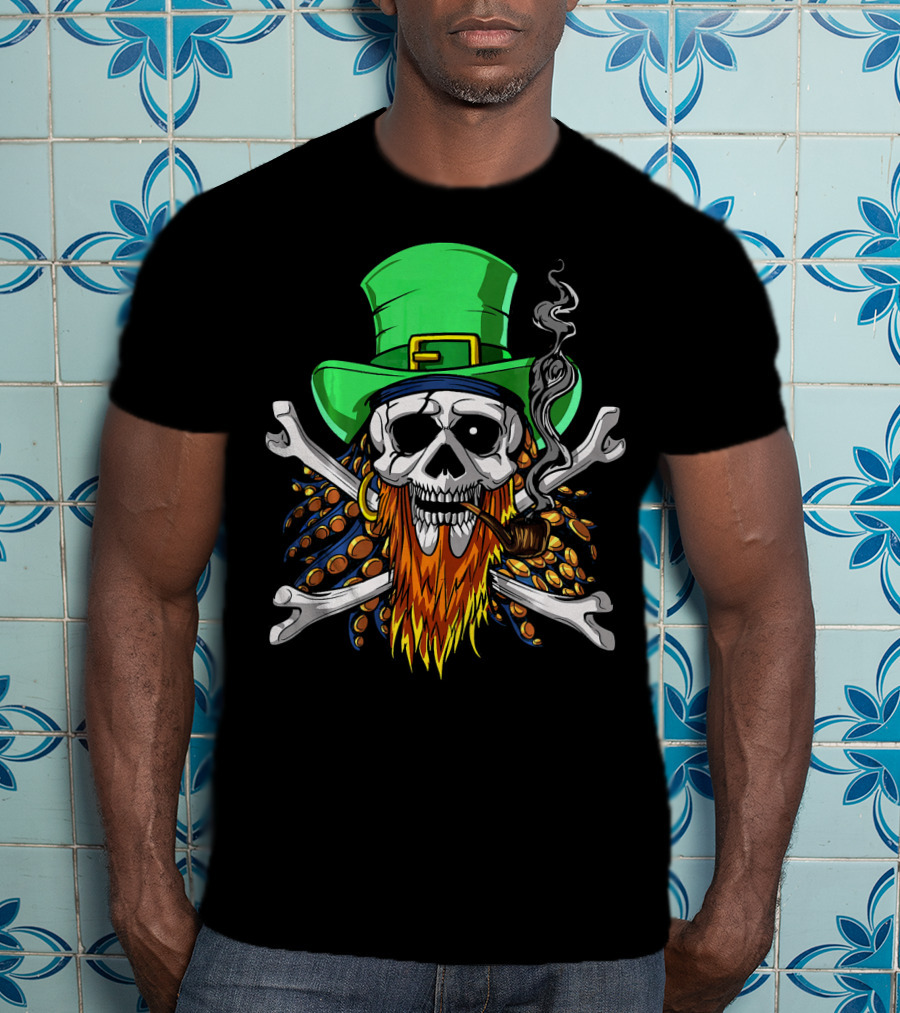 Leprechaun Pirate Skull St Patricks Crossbones Hat Pipe Beads T-Shirt