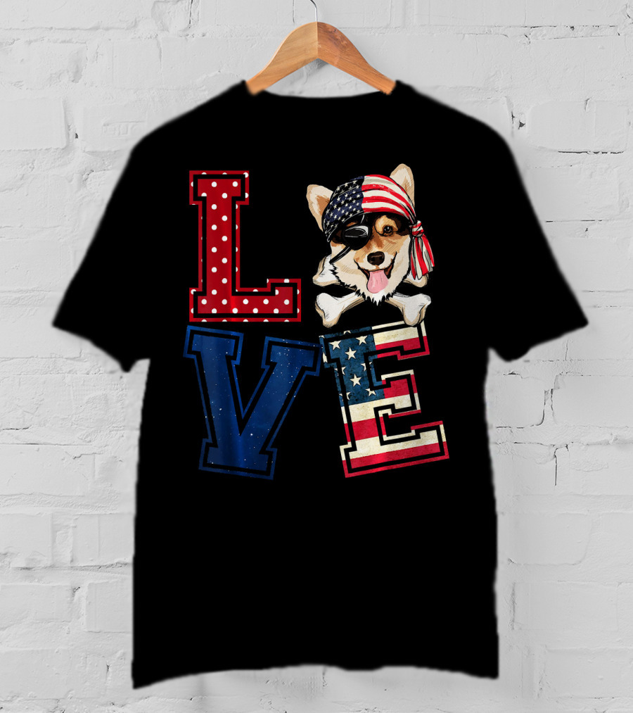 LOVE Corgi Pirate Face With American Flag Bandana And Lettering T-Shirt