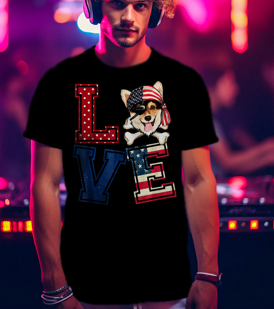 LOVE Corgi Pirate Face With American Flag Bandana And Lettering T-Shirt