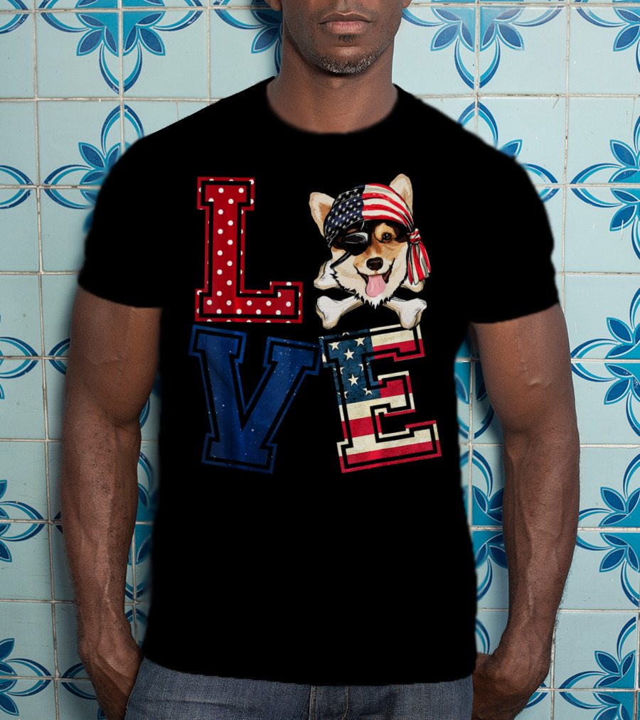 LOVE Corgi Pirate Face With American Flag Bandana And Lettering T-Shirt
