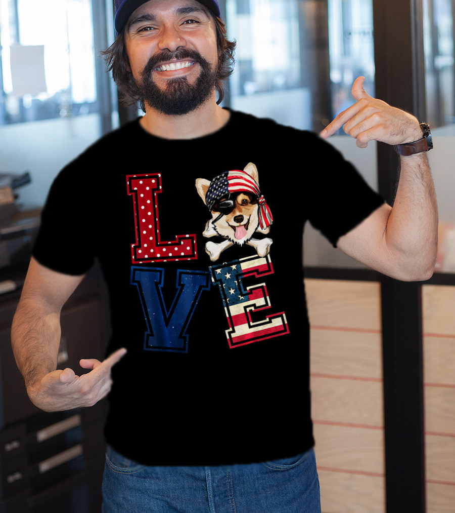 LOVE Corgi Pirate Face With American Flag Bandana And Lettering T-Shirt