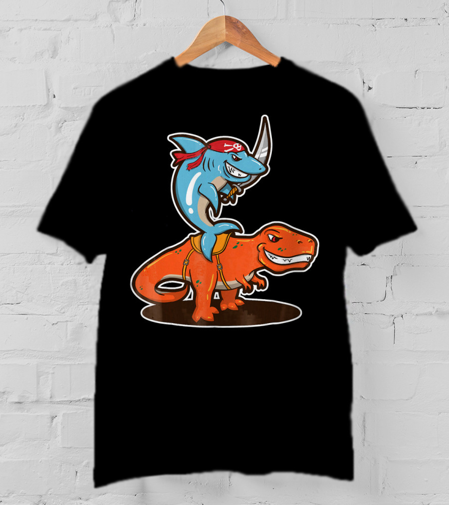 Pirate Shark Riding A T-Rex Dinosaur Adventure T-Shirt