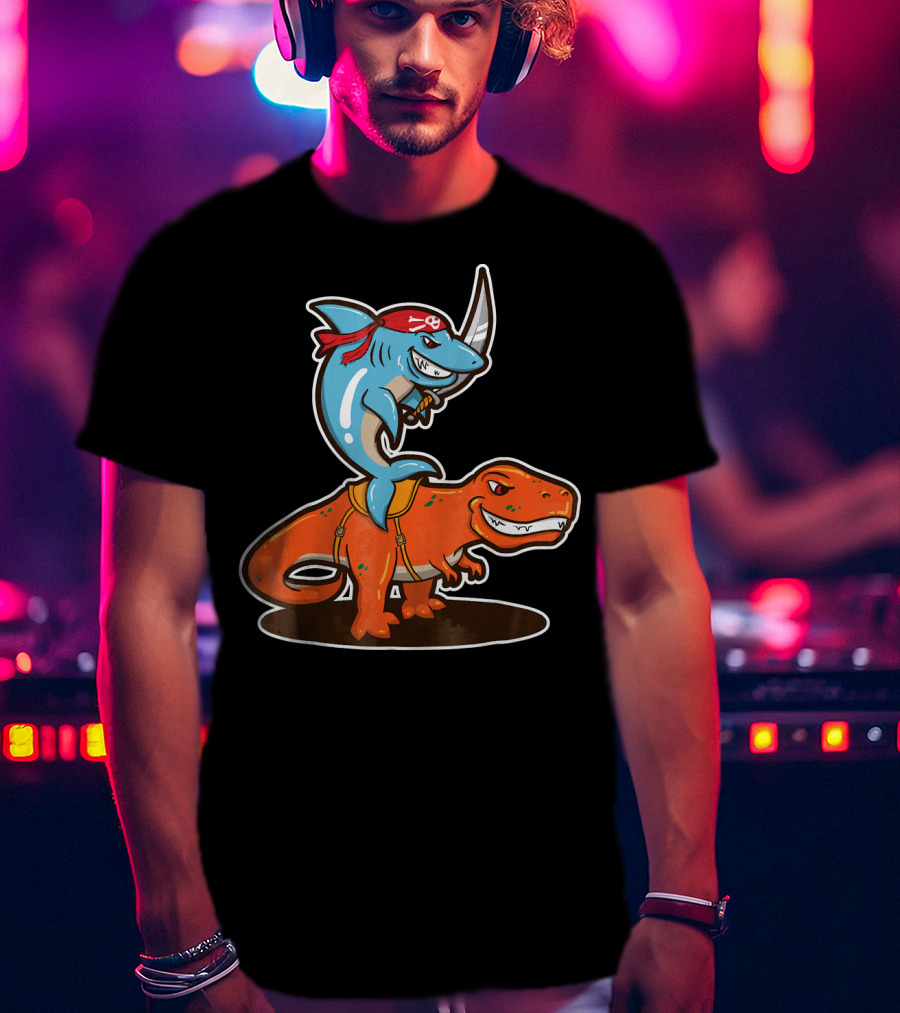 Pirate Shark Riding A T-Rex Dinosaur Adventure T-Shirt