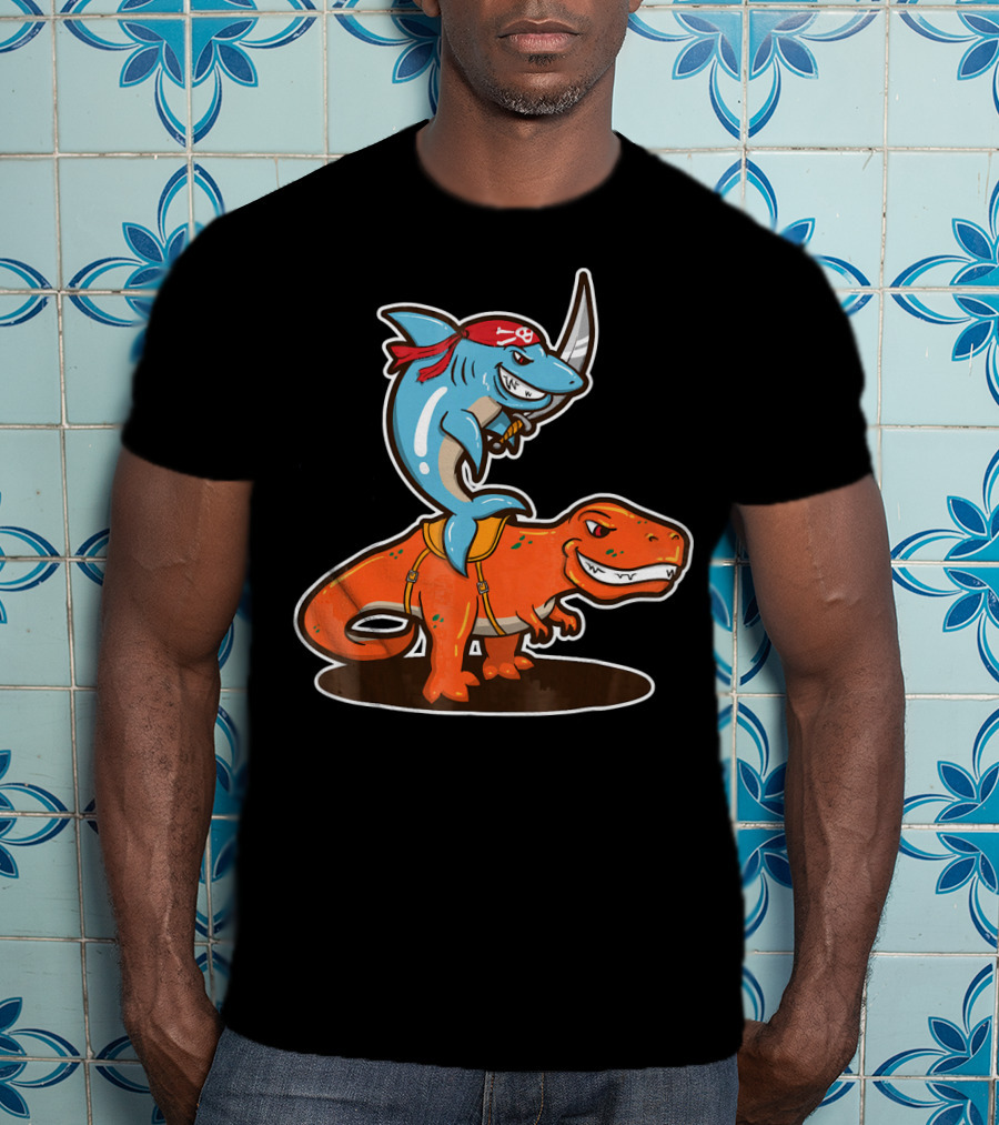 Pirate Shark Riding A T-Rex Dinosaur Adventure T-Shirt
