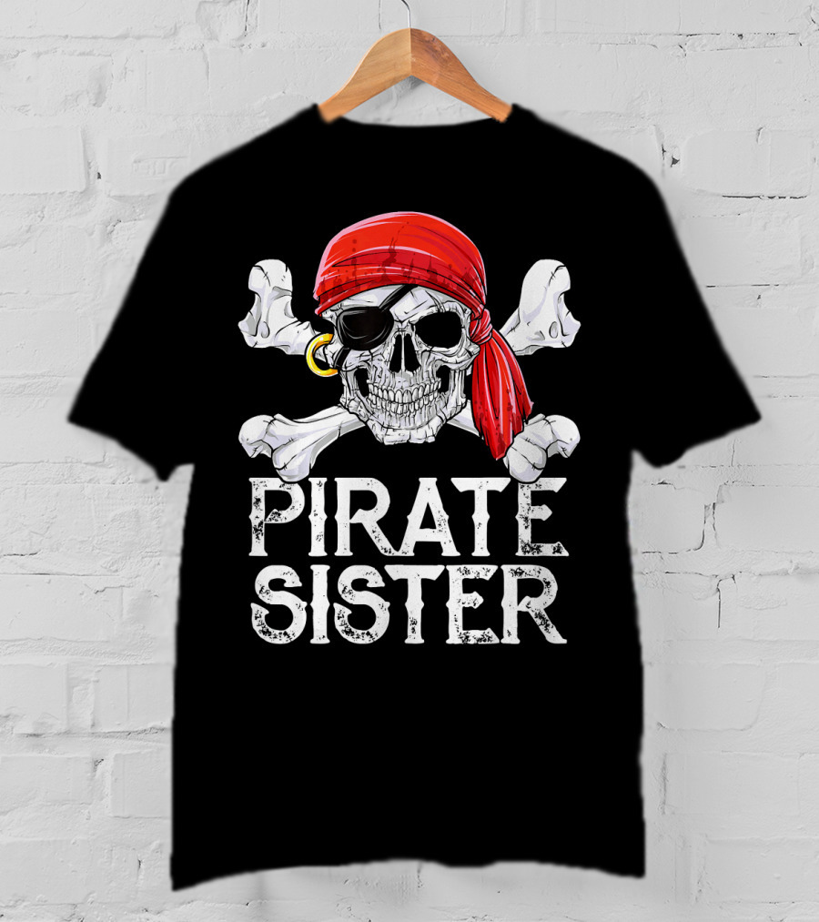 Pirate Sister Skull With Red Bandana And Crossbones T-Shirt