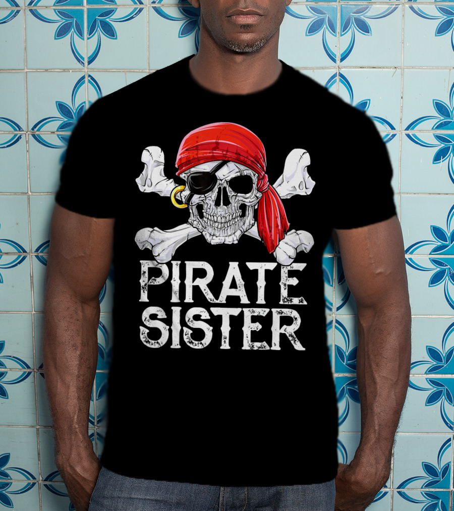 Pirate Sister Skull With Red Bandana And Crossbones T-Shirt
