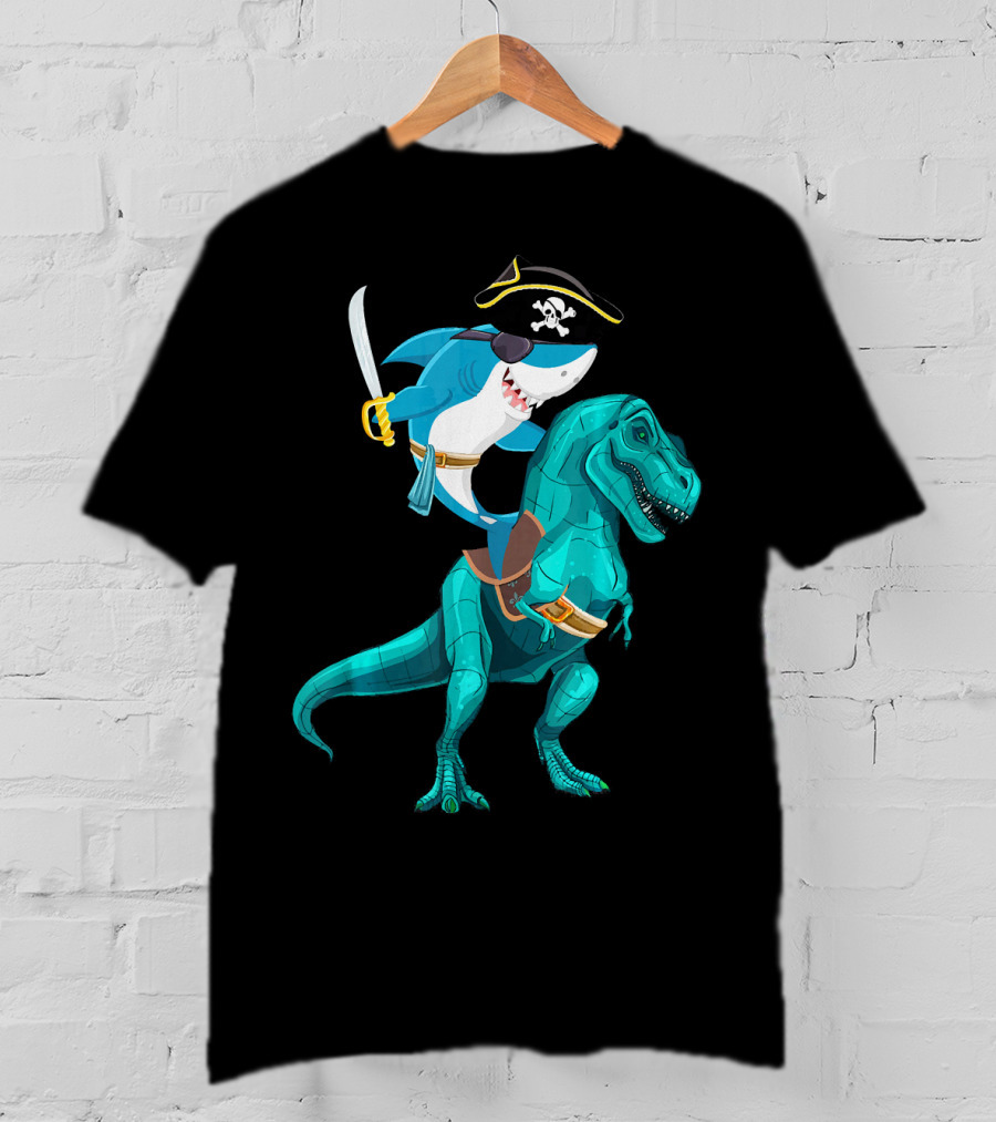 Shark Pirate On T-Rex For Kids Boys Sons T-Shirt