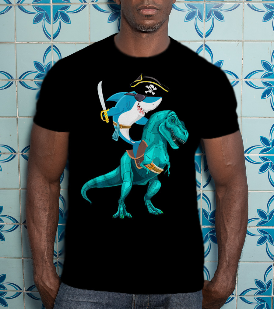 Shark Pirate On T-Rex For Kids Boys Sons T-Shirt
