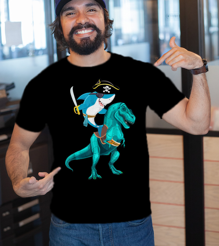 Shark Pirate On T-Rex For Kids Boys Sons T-Shirt
