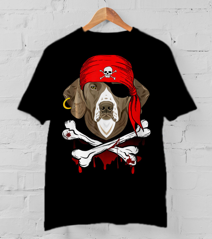 Weimaraner Dog Dad In Pirate Costume With Skull And Crossbones Bandana T-Shirt