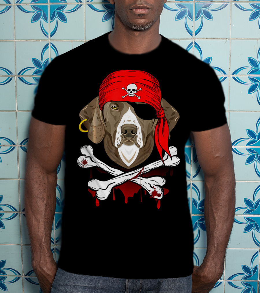 Weimaraner Dog Dad In Pirate Costume With Skull And Crossbones Bandana T-Shirt
