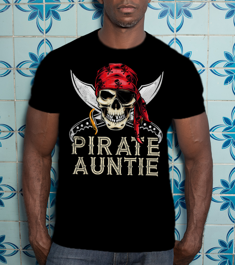 Pirate Auntie Jolly Roger Skull Bandana Crossed Swords T-Shirt