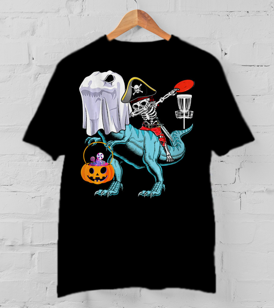 Dab Jolly Roger Skeleton Pirate On Dinosaur With Ghost Pumpkin And Frisbee T-Shirt