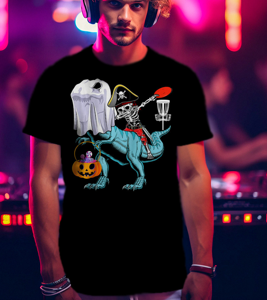 Dab Jolly Roger Skeleton Pirate On Dinosaur With Ghost Pumpkin And Frisbee T-Shirt