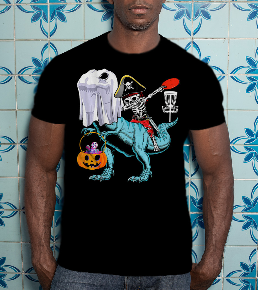 Dab Jolly Roger Skeleton Pirate On Dinosaur With Ghost Pumpkin And Frisbee T-Shirt