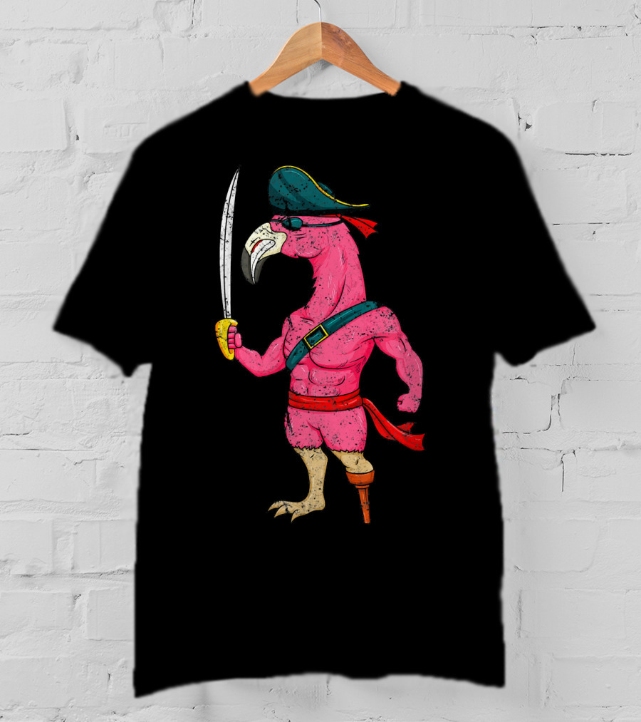 Vintage Pirate Pink Flamingo With Pirate Hat And Wooden Leg Sword T-Shirt