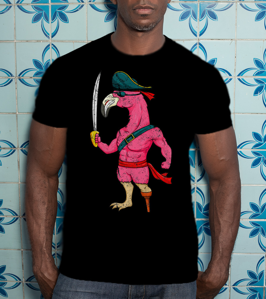 Vintage Pirate Pink Flamingo With Pirate Hat And Wooden Leg Sword T-Shirt