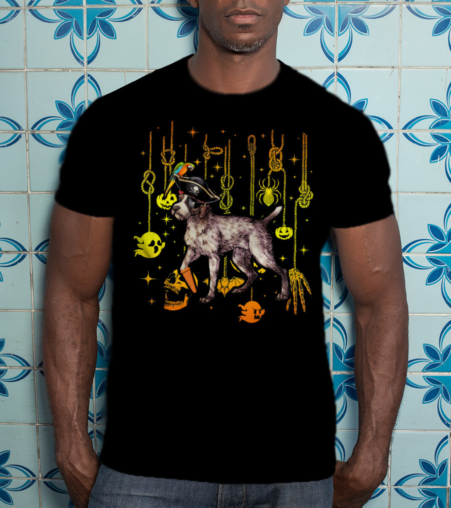 German Wirehaired Pointer Pirate Halloween Ghosts And Skulls T-Shirt
