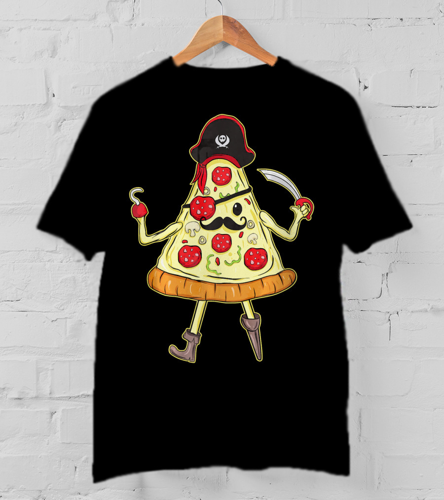 Funny Mustache Pirate Pizza Slice With Hook And Sword T-Shirt
