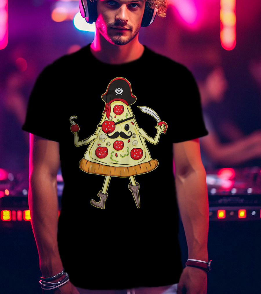 Funny Mustache Pirate Pizza Slice With Hook And Sword T-Shirt