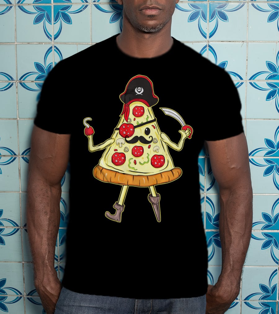 Funny Mustache Pirate Pizza Slice With Hook And Sword T-Shirt