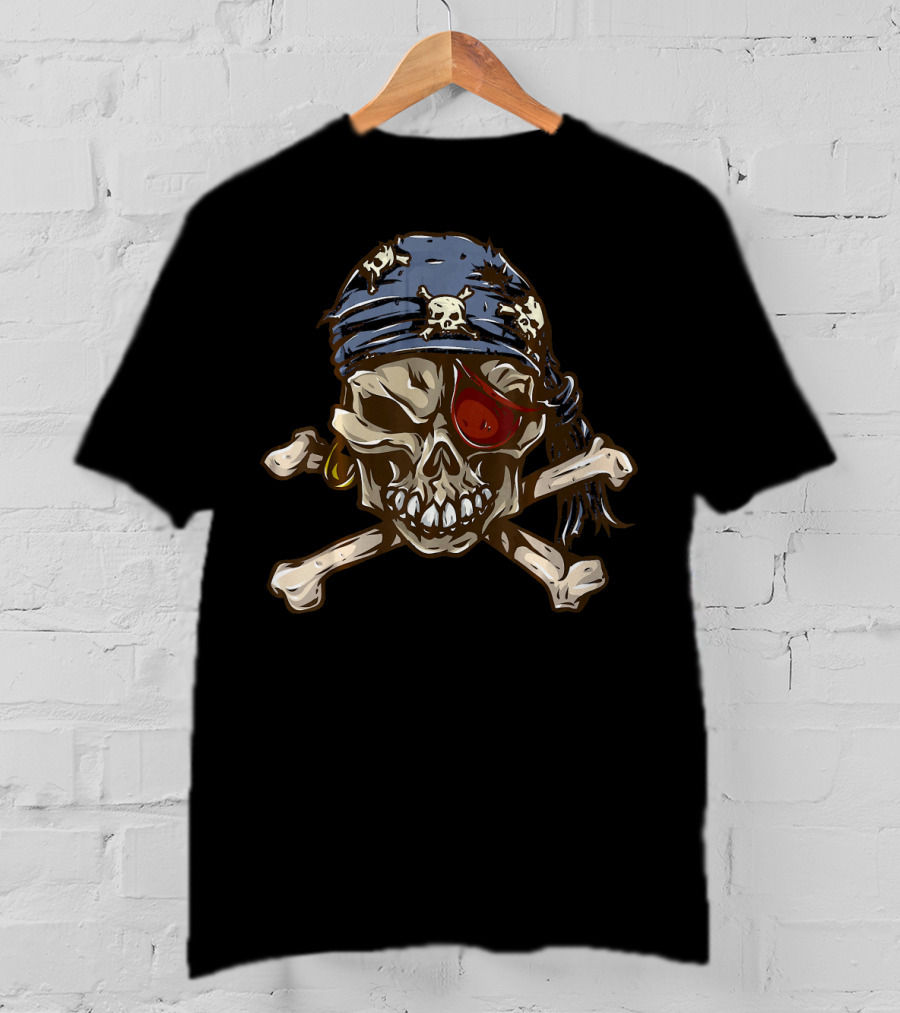 Jolly Roger Skull With Eye Patch And Crossbones Bandana T-Shirt