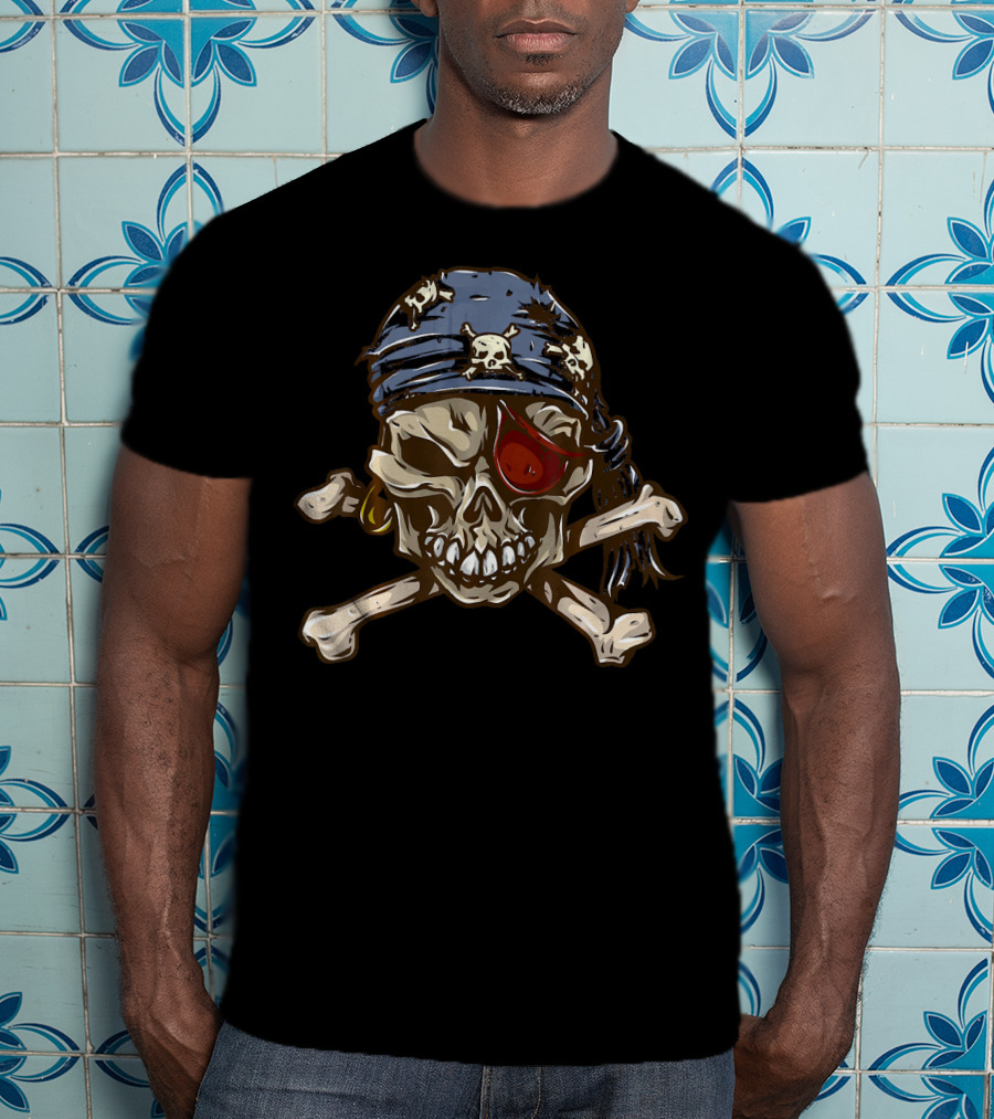 Jolly Roger Skull With Eye Patch And Crossbones Bandana T-Shirt