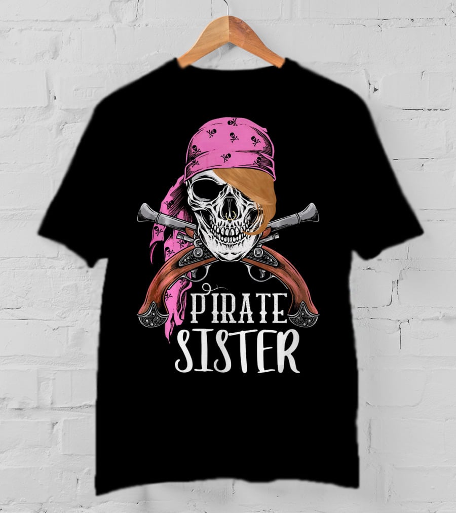Pirate Sister Skull With Pink Bandana And Crossed Pistols T-Shirt